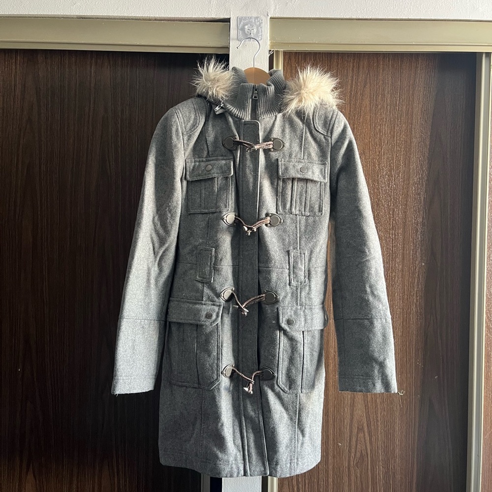 Esprit Gray Wool Coat with Faux Fur Trim